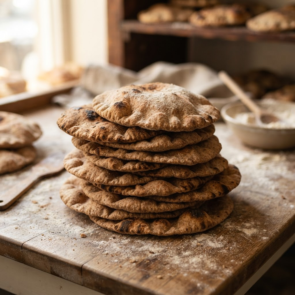Fresh baked wholemeal Lebanese flatbread stacked on the bakery counter
